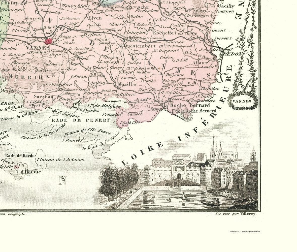Historic Map - Morbihan Department France - Migeon 1869 - 23 x 27.13 - Vintage Wall Art