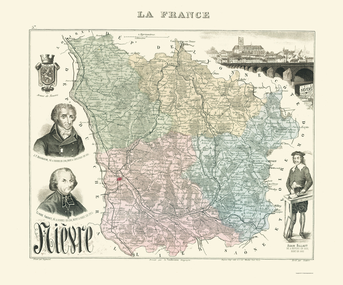 Historic Map - Nievre Department France - Migeon 1869 - 23 x 27.69 - Vintage Wall Art