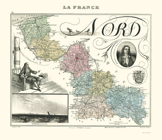 Historic Map - Nord Department France - Migeon 1869 - 23 x 26.61 - Vintage Wall Art