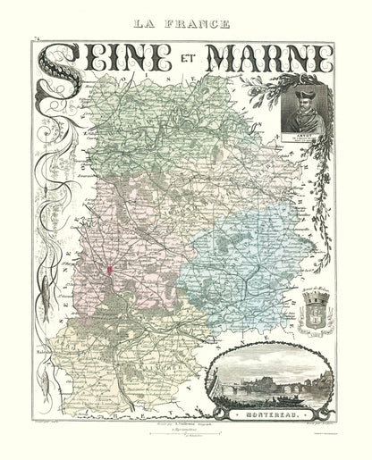 Historic Map - Seine et Marne Department France - Migeon 1869 - 23 x 28.48 - Vintage Wall Art