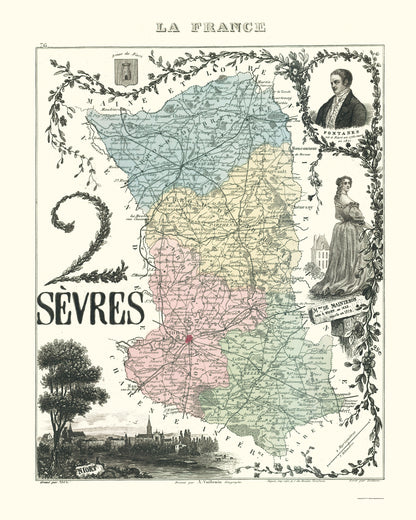 Historic Map - Deux Sevres Department France - Migeon 1869 - 23 x 28.74 - Vintage Wall Art