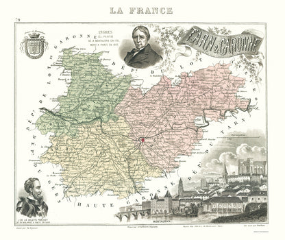 Historic Map - Tarn et Garonne France - Migeon 1869 - 23 x 27.37 - Vintage Wall Art