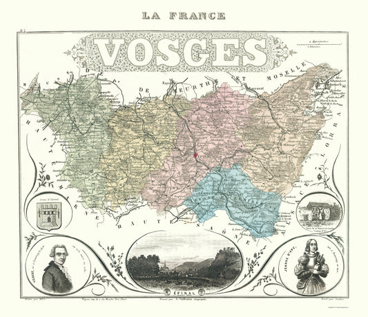 Historic Map - Vosges Department France - Migeon 1869 - 23 x 26.70 - Vintage Wall Art