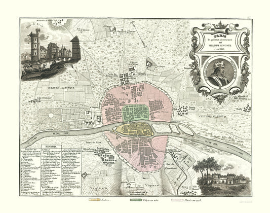 Historic Map - Paris France 1180 - Migeon 1869 - 23 x 29.17 - Vintage Wall Art