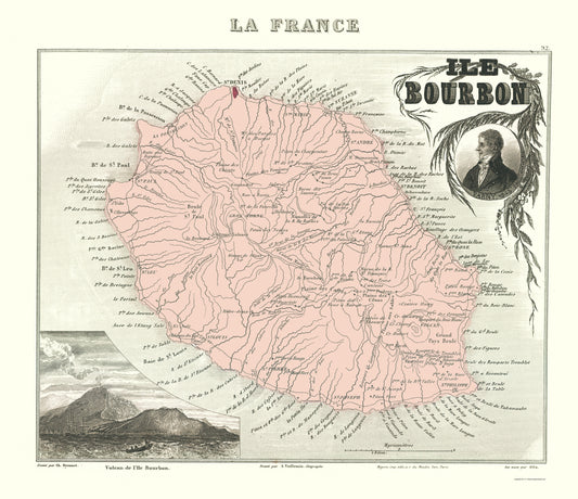 Historic Map - Ile Bourbon Africa Reunion Department France - Migeon 1869 - 23 x 26 - Vintage Wall Art