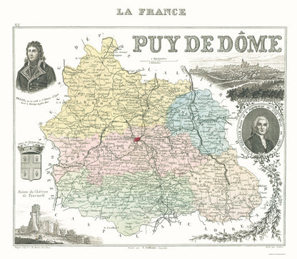 Historic Map - Puy de Dome Department France - Migeon 1869 - 23 x 26.32 - Vintage Wall Art