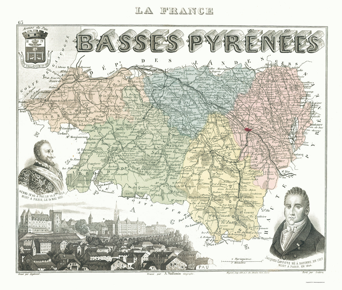 Historic Map - Basses Pyrenees Department France - Migeon 1869 - 23 x 27.14 - Vintage Wall Art