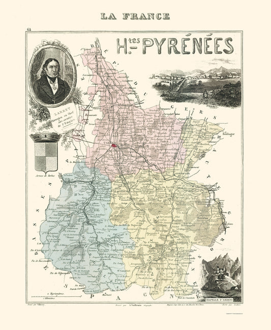 Historic Map - Hautes Pyrenees Department France - Migeon 1869 - 23 x 27.91 - Vintage Wall Art