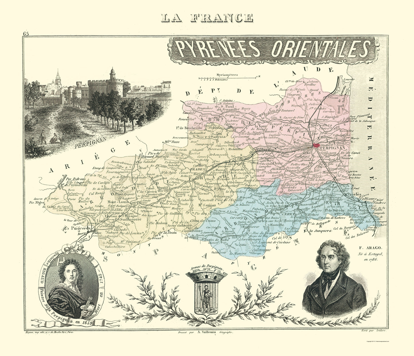 Historic Map - Pyrenees Orientales Department France - Migeon 1869 - 23 x 26.78 - Vintage Wall Art