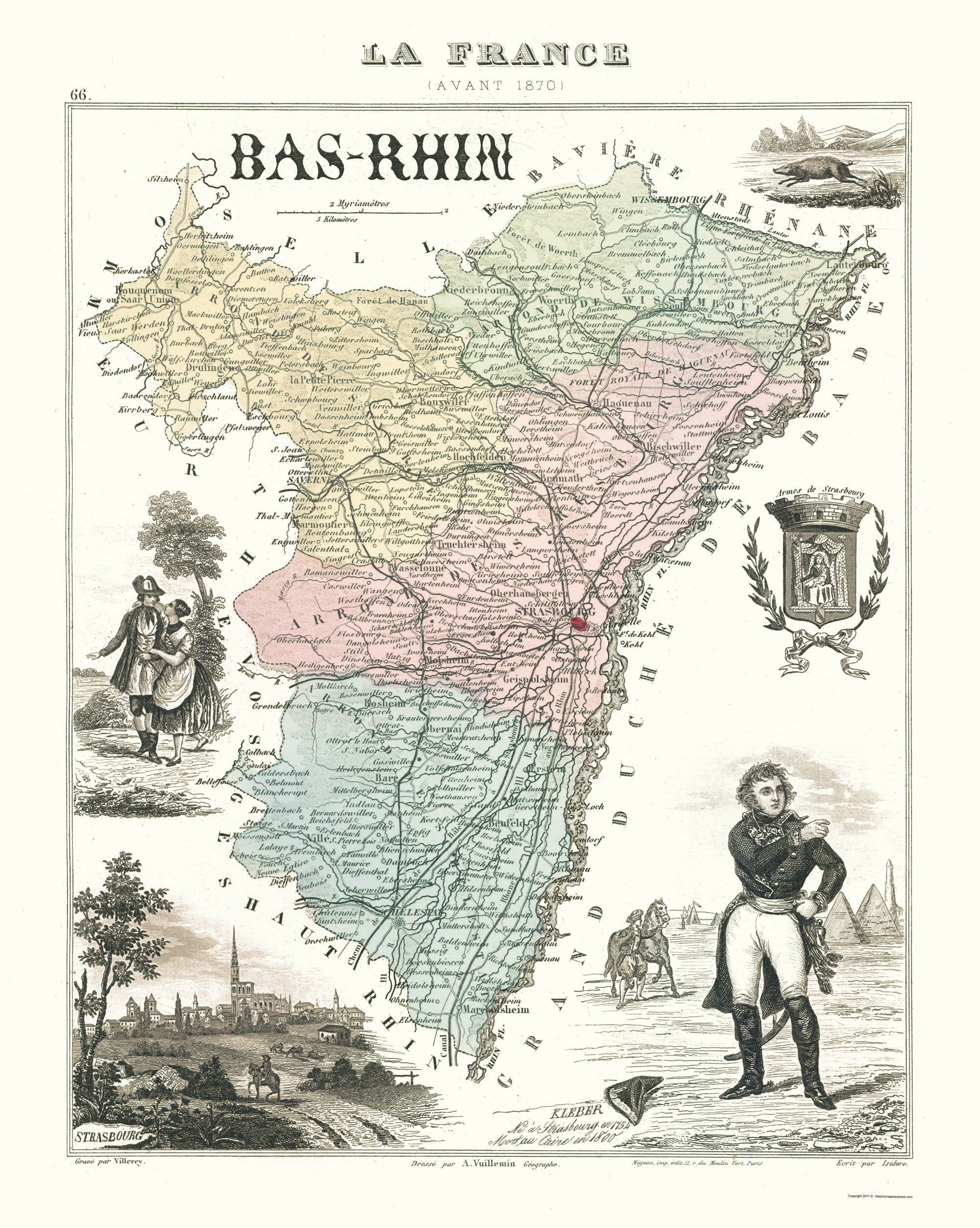 Historic Map - Bas Rhin Department France - Migeon 1869 - 23 x 28.82 ...