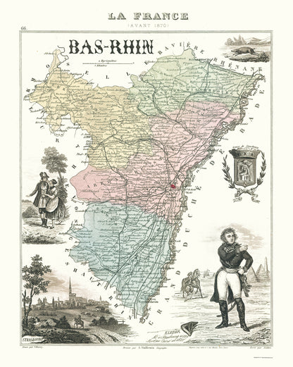 Historic Map - Bas Rhin Department France - Migeon 1869 - 23 x 28.82 - Vintage Wall Art