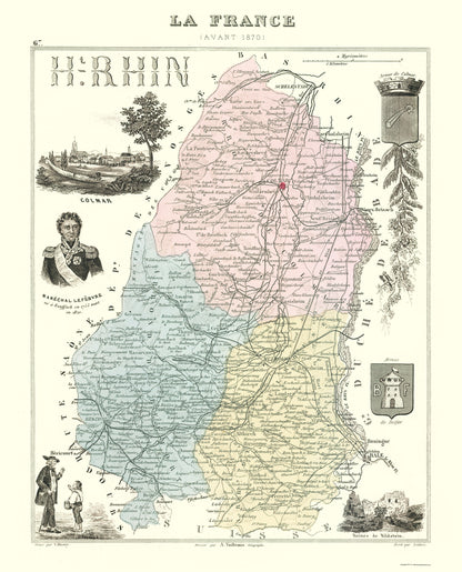 Historic Map - Haut Rhin Department France - Migeon 1869 - 23 x 28.49 - Vintage Wall Art