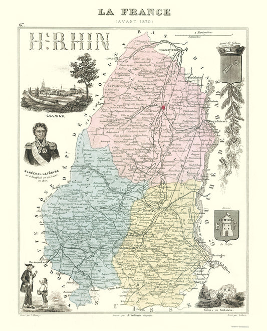 Historic Map - Haut Rhin Department France - Migeon 1869 - 23 x 28.49 - Vintage Wall Art