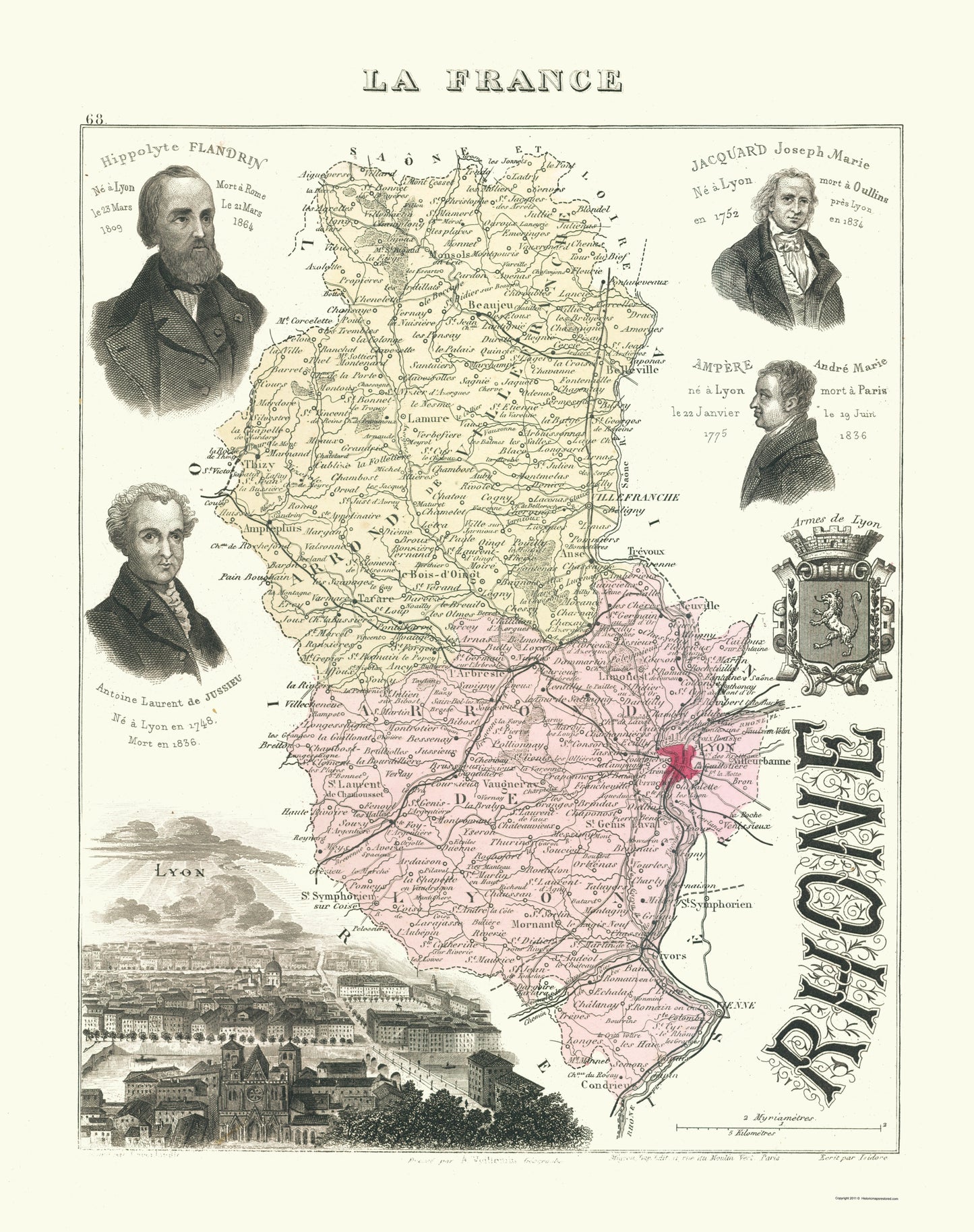 Historic Map - Rhone Department France - Migeon 1869 - 23 x 29.06 - Vintage Wall Art