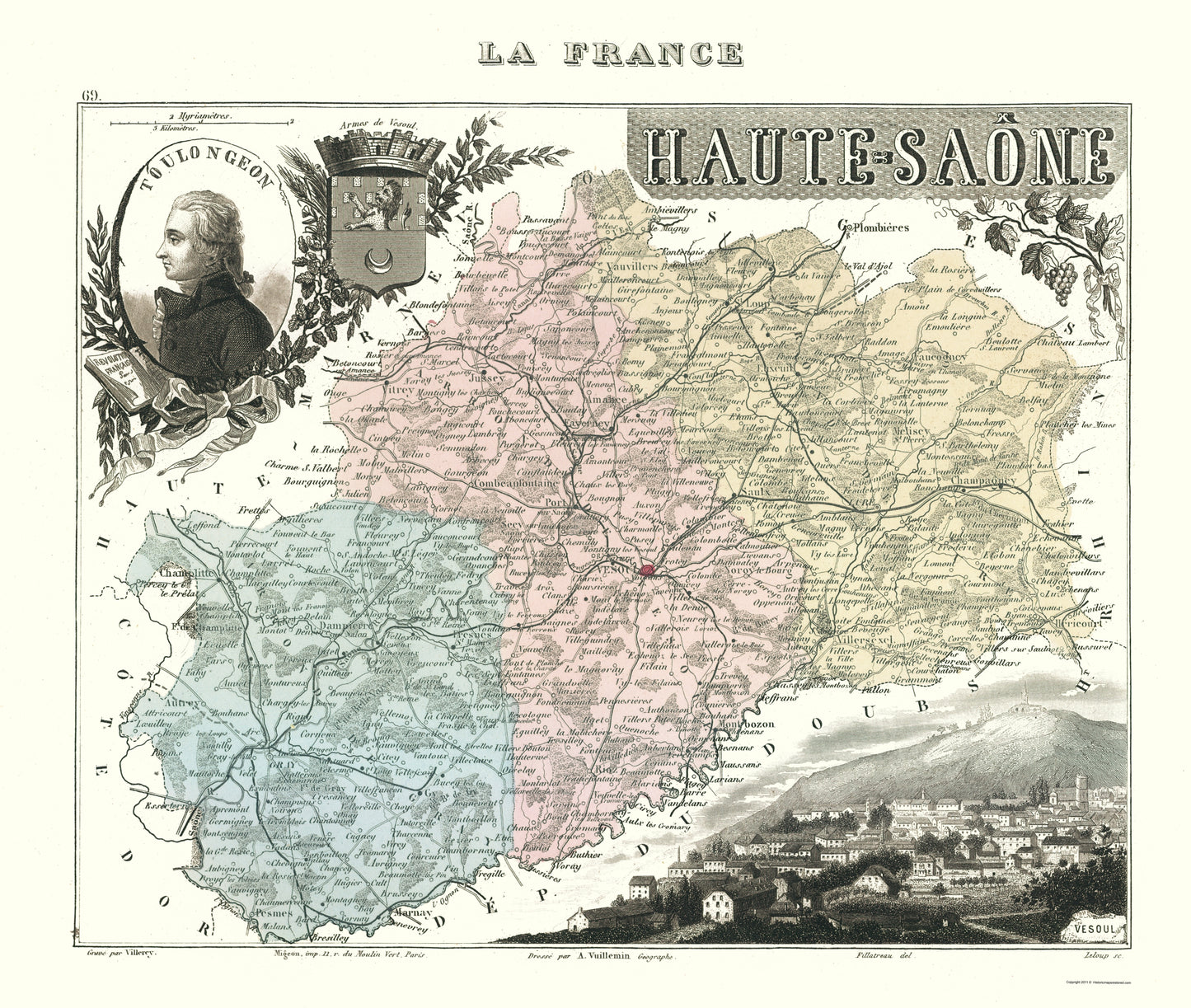 Historic Map - Haute Saone Department France - Migeon 1869 - 23 x 27.17 - Vintage Wall Art