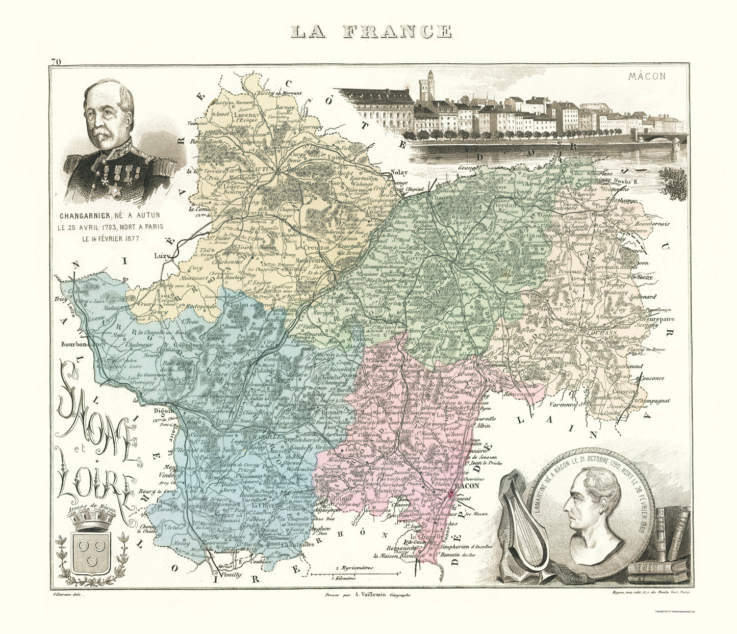 Historic Map - Saone et Loire Department France - Migeon 1869 - 23 x 26.71 - Vintage Wall Art