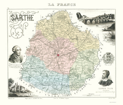 Historic Map - Sarthe Department France - Migeon 1869 - 23 x 27.01 - Vintage Wall Art