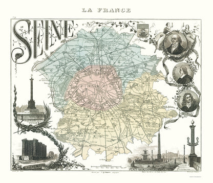 Historic Map - Seine Department France - Migeon 1869 - 23 x 26.75 - Vintage Wall Art