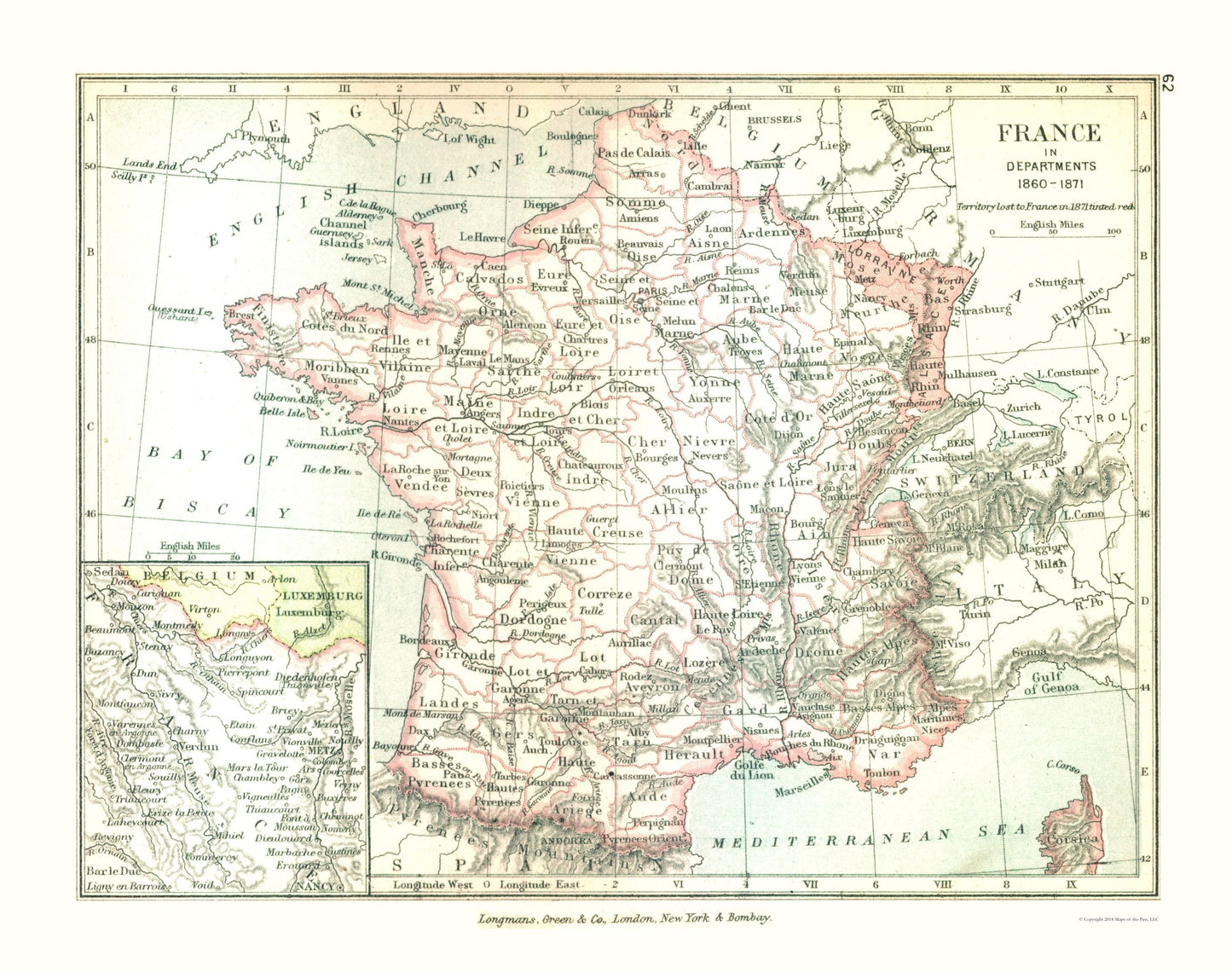 Historic Map - France 1860 - Gardiner 1902 - 29.16 x 23 - Vintage Wall Art