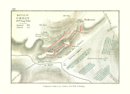 Historic War Map - Crecy Battle 1346 France - Gardiner 1902 - 23 x 38.74 - Vintage Wall Art