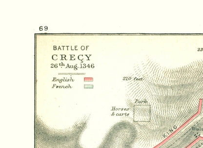 Historic War Map - Crecy Battle 1346 France - Gardiner 1902 - 23 x 38.74 - Vintage Wall Art