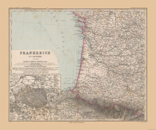 Historic Map - France Southwestern - Stieler 1885 - 27.52 x 23 - Vintage Wall Art