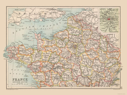 Historic Map - France Northern - Bartholomew 1892 - 30.72 x 23 - Vintage Wall Art