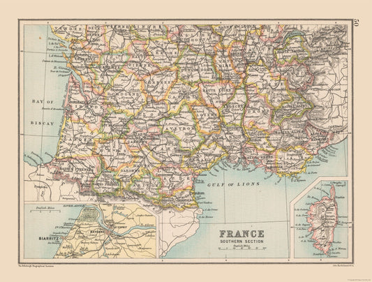 Historic Map - France Southern - Bartholomew 1892 - 30.33 x 23 - Vintage Wall Art