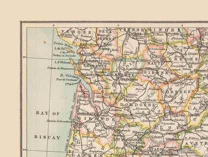 Historic Map - France Southern - Bartholomew 1892 - 30.33 x 23 - Vintage Wall Art