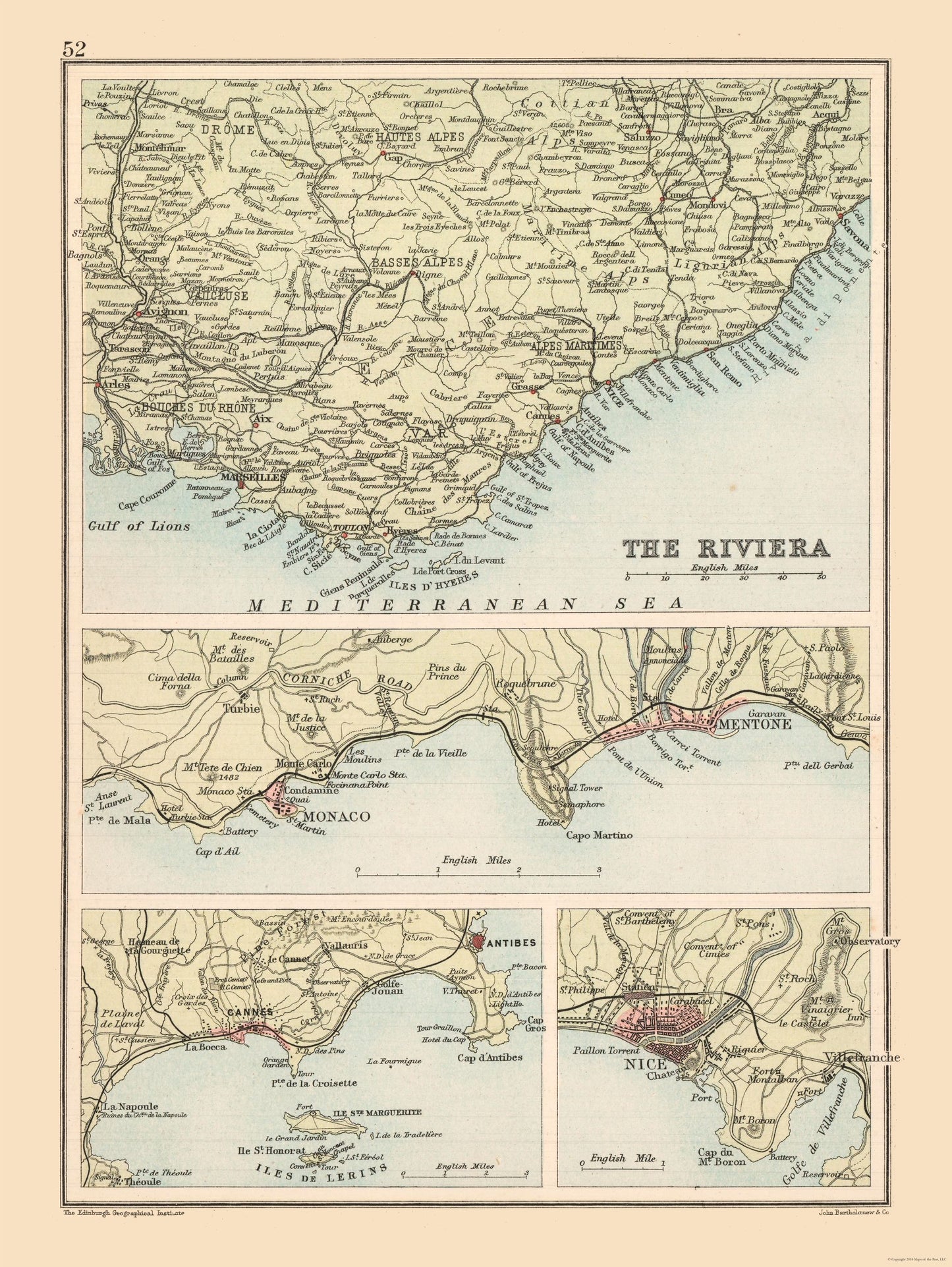 Historic Map - French Riviera France - Bartholomew 1892 - 23 x 30.60 - Vintage Wall Art