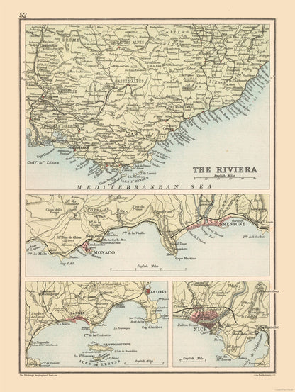 Historic Map - French Riviera France - Bartholomew 1892 - 23 x 30.60 - Vintage Wall Art