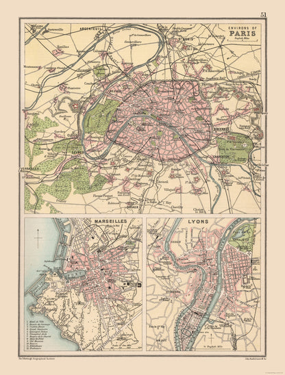 Historic Map - Paris Marseilles Lyons France - Bartholomew 1892 - 23 x 30.30 - Vintage Wall Art