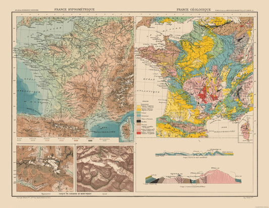 Historic Map - France Hypsometric Geological - Schrader 1908 - 29.68 x 23 - Vintage Wall Art