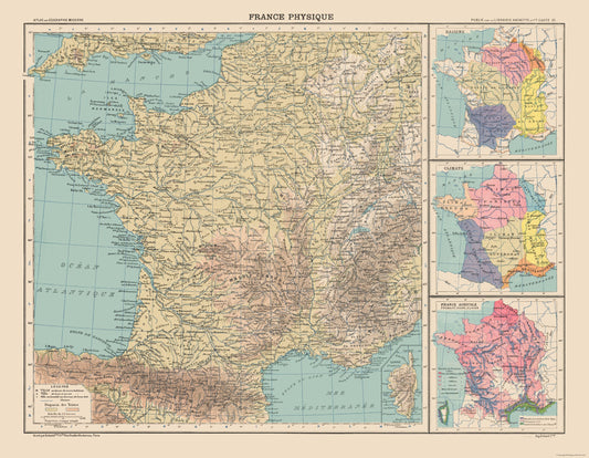 Historic Map - France Physical - Schrader 1908 - 29.64 x 23 - Vintage Wall Art