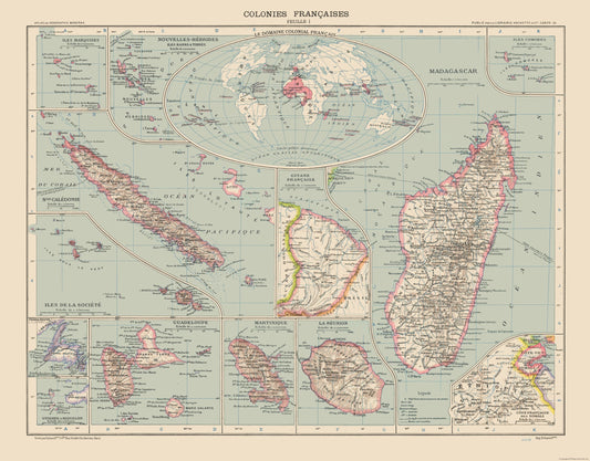 Historic Map - French Colonies - Schrader 1908 - 29.40 x 23 - Vintage Wall Art