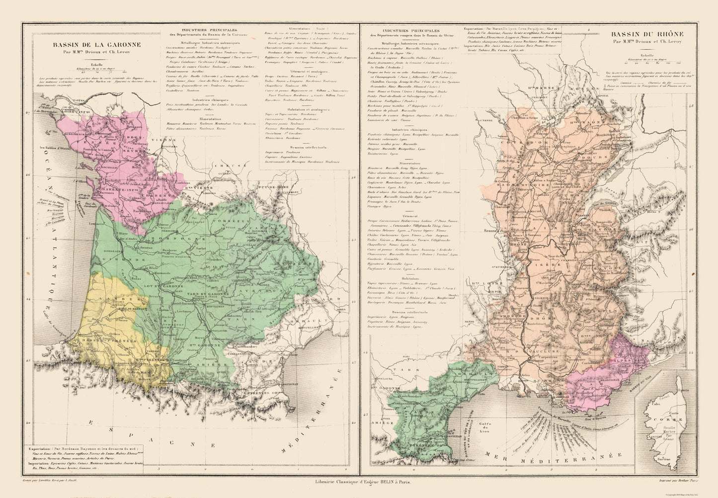 Historic Map - Garonne Rhone Rivers France - Drioux 1882 - 33.17 x 23 - Vintage Wall Art