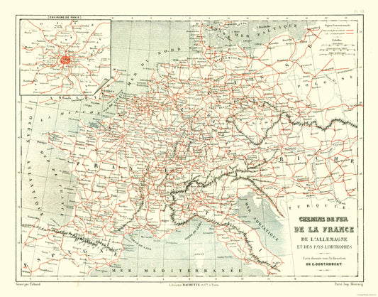 Historic Map - France Railroads - Cortambert 1880 - 29.34 x 23 - Vintage Wall Art