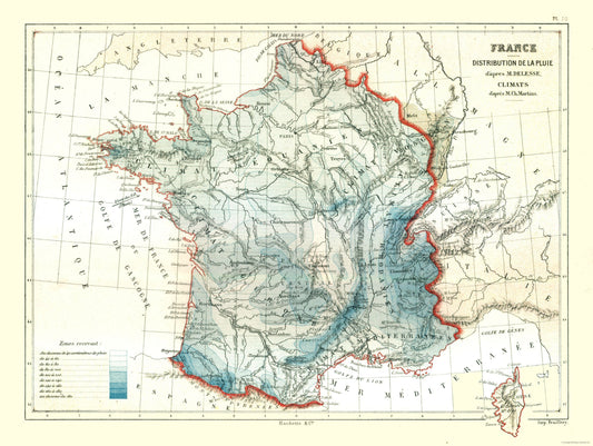 Historic Map - France Rain Distribution - Cortambert 1880 - 30.59 x 23 - Vintage Wall Art