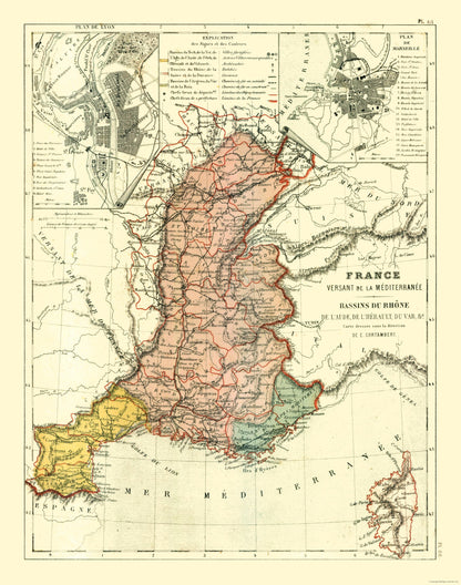 Historic Map - Rhone Basins France - Cortambert 1880 - 23 x 29.20 - Vintage Wall Art