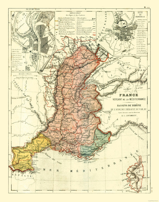 Historic Map - Rhone Basins France - Cortambert 1880 - 23 x 29.20 - Vintage Wall Art