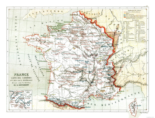 Historic Map - France Mineral Routes - Cortambert 1880 - 30.10 x 23 - Vintage Wall Art