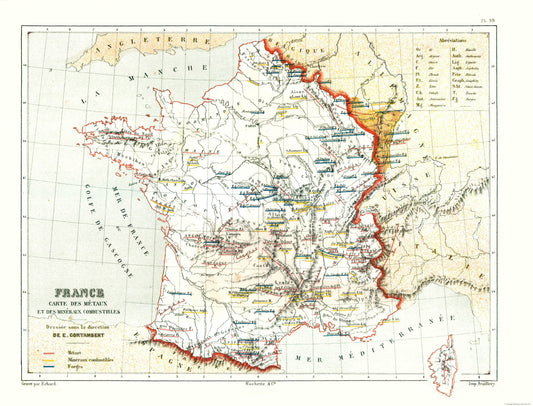 Historic Map - France Metals Combustible Minerals - Cortambert 1880 - 30.21 x 23 - Vintage Wall Art