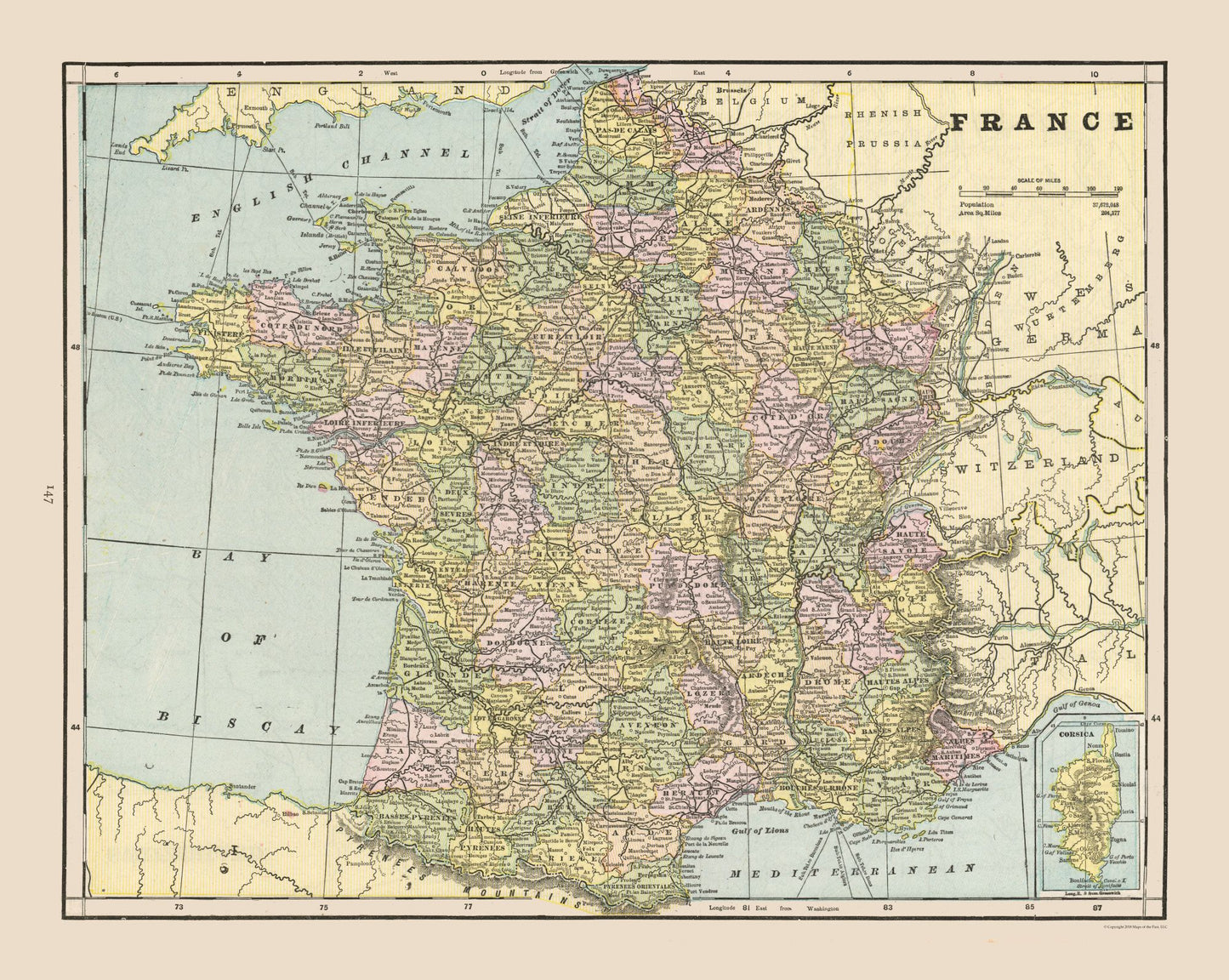 Historic Map - France - Cram 1892 - 28.86 x 23 - Vintage Wall Art