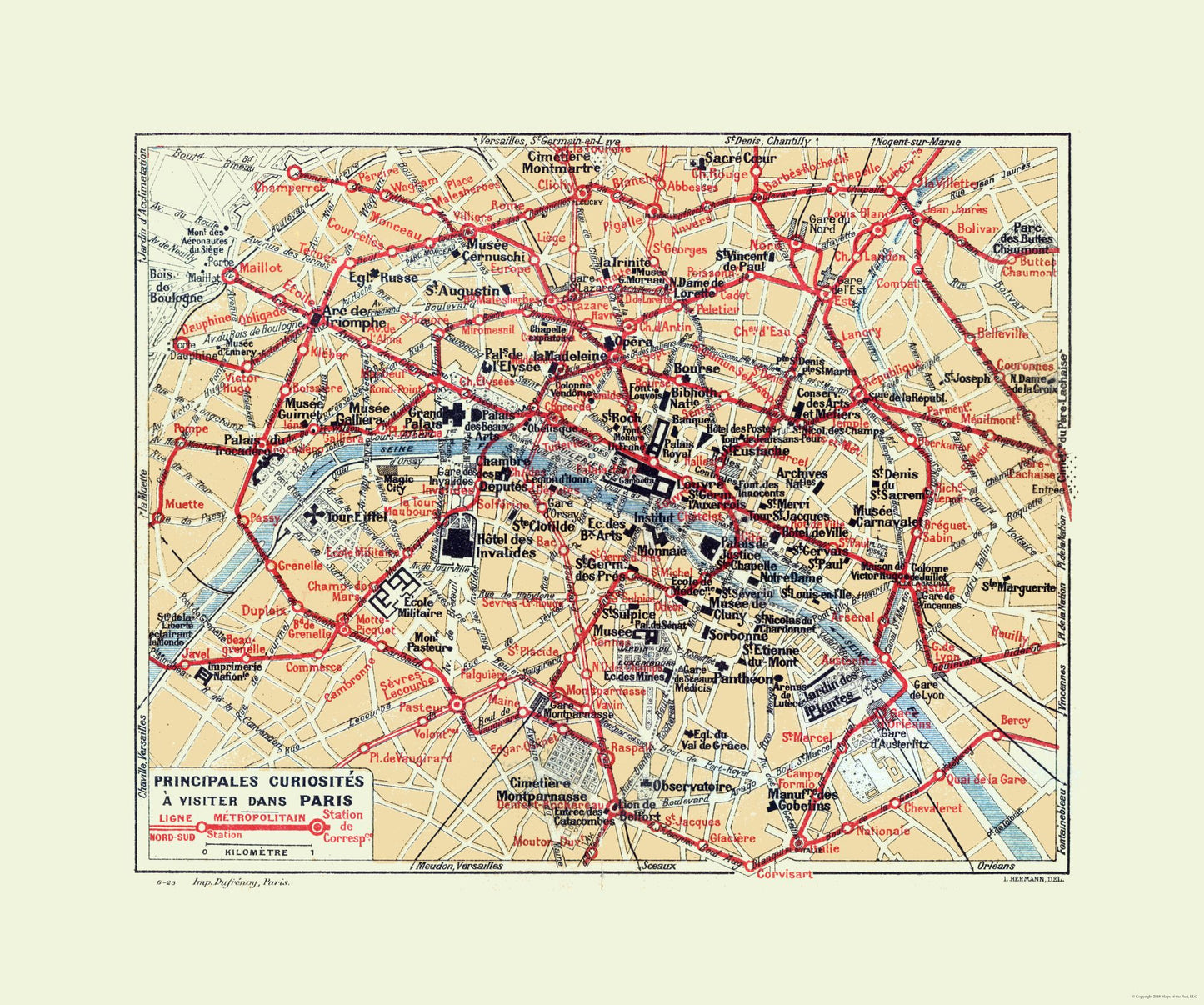 Historic Map - Paris France Tourist Attractions - Hermann 1921 - 27.57 x 23 - Vintage Wall Art