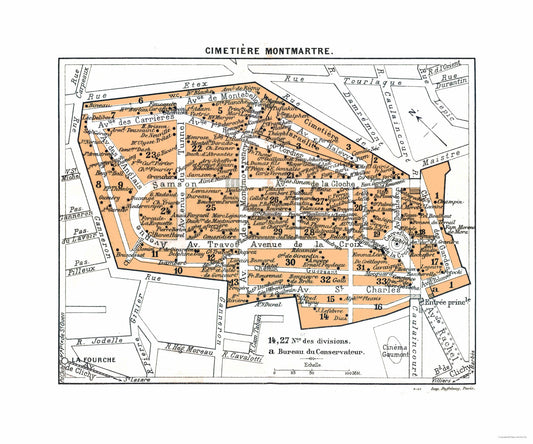 Historic Map - Paris France Montmartre Cemetery - Blue Guides 1921 - 27.61 x 23 - Vintage Wall Art