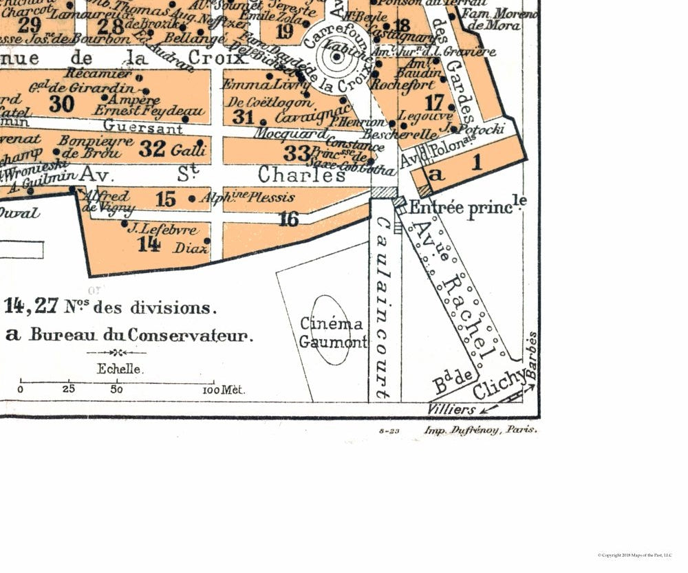 Historic Map - Paris France Montmartre Cemetery - Blue Guides 1921 - 27.61 x 23 - Vintage Wall Art