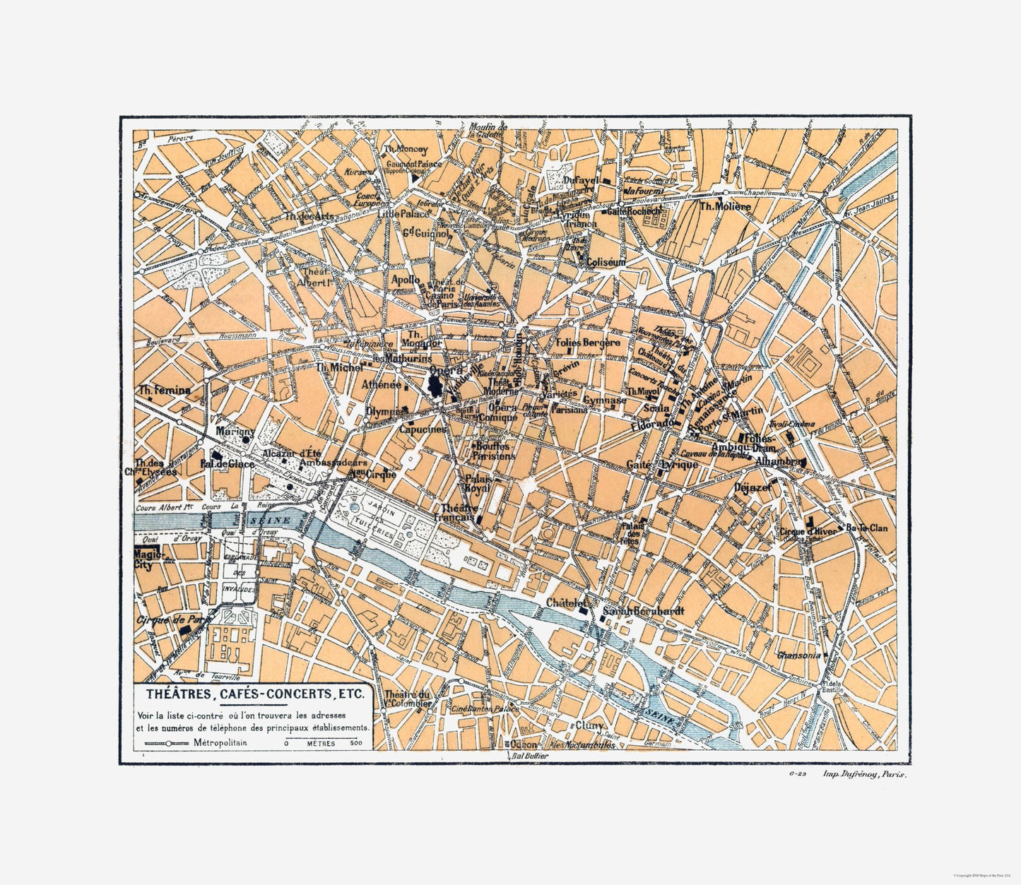 Historic Map - Paris France Theatres Cafes - Blue Guides 1921 - 26.53 x 23 - Vintage Wall Art