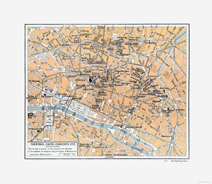 Historic Map - Paris France Theatres Cafes - Blue Guides 1921 - 26.53 x 23 - Vintage Wall Art