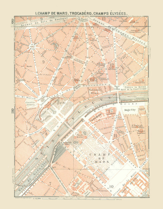 Historic Map - Paris France Champ de Mars Trocadero - Baedeker 1911 - 23 x 29.46 - Vintage Wall Art