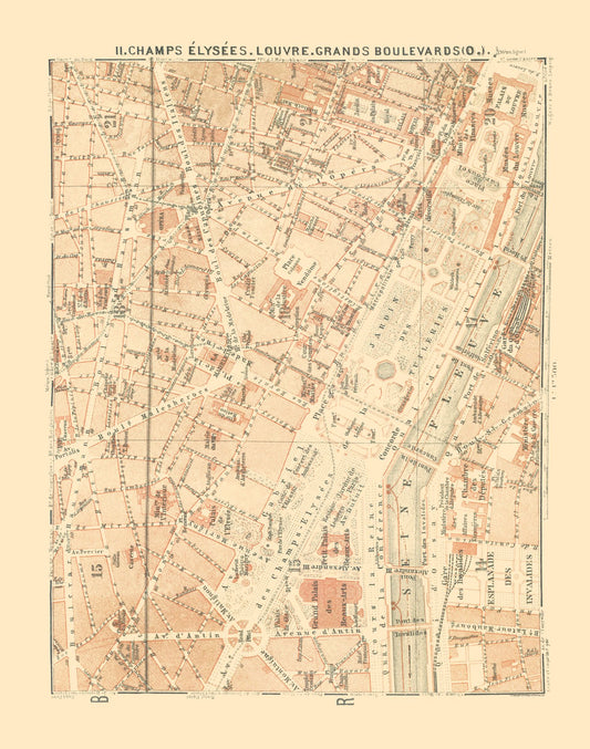 Historic Map - Paris France Champs Elysees Louvre - Baedeker 1911 - 23 x 29.21 - Vintage Wall Art